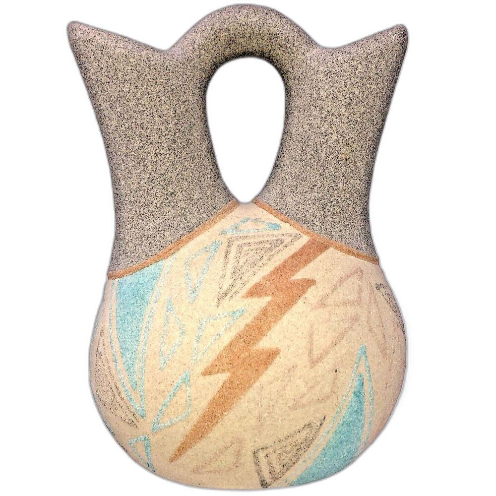 Native American Wedding Vase Double Spout Jug. Sand Cast Abstract 90s Pastel 9"
